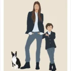Portrait minimaliste famille et animaux sans visage, dessin d'une maman avec son enfant et son chien sur fond uni. Une illustration minimaliste personnalisée à partir d'une photo réalisée par Denadda.