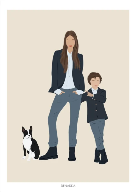 Portrait minimaliste famille et animaux sans visage, dessin d'une maman avec son enfant et son chien sur fond uni. Une illustration minimaliste personnalisée à partir d'une photo réalisée par Denadda.