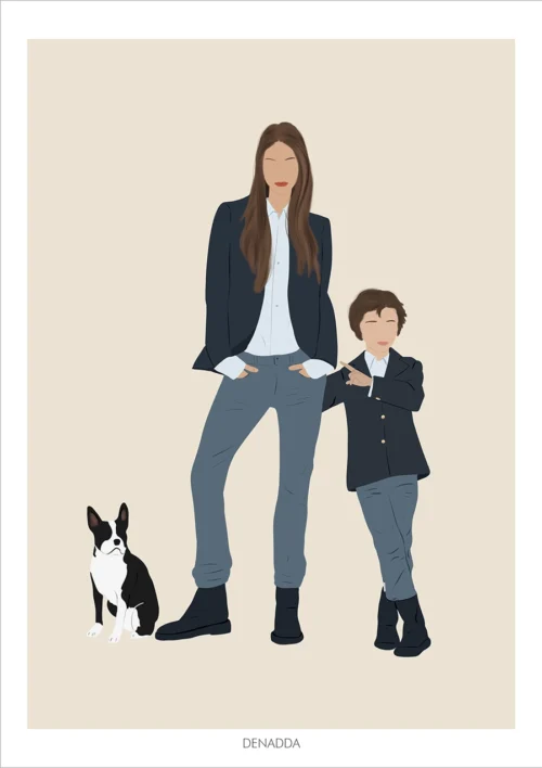 Portrait minimaliste famille et animaux sans visage, dessin d'une maman avec son enfant et son chien sur fond uni. Une illustration minimaliste personnalisée à partir d'une photo réalisée par Denadda.