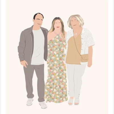 Portrait minimaliste famille sans visage, dessin de 2 femme et un homme sur fond uni. Une illustration minimaliste personnalisée à partir d'une photo réalisée par Denadda.