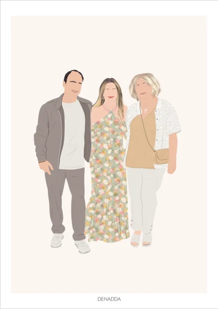 Portrait minimaliste famille sans visage, dessin de 2 femme et un homme sur fond uni. Une illustration minimaliste personnalisée à partir d'une photo réalisée par Denadda.