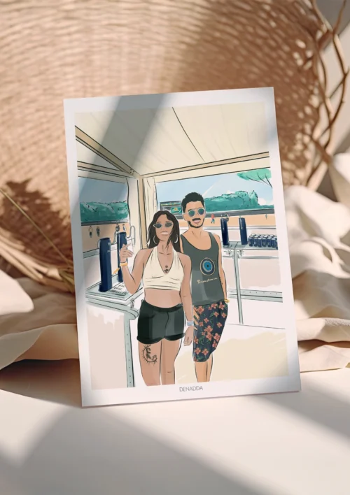 Poster personnalisé couple - Dessin Poster personnalisé couple dessin 2 personnes à un festival de musique en plein air. Une affiche personnalisée par Denadda à partir de plusieurs photo pour un cadeau d'anniversaire.