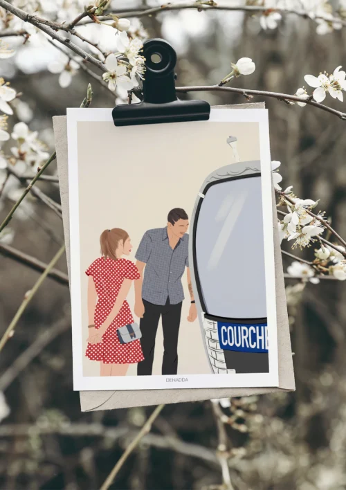 Poster personnalisé couple sans visage - Illustration minimaliste Poster personnalisé couple sans visage, un homme et une femme à coté d'une cabine de ski à Courchevel sur un fond uni. Illustration minimaliste personnalisée par Denadda à partir d'une photo.