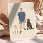 Poster personnalisé famille et animaux, dessin d'un homme avec ses 2 chiens sur fond uni. Une affiche personnalisée par Denadda à partir d'une photo.
