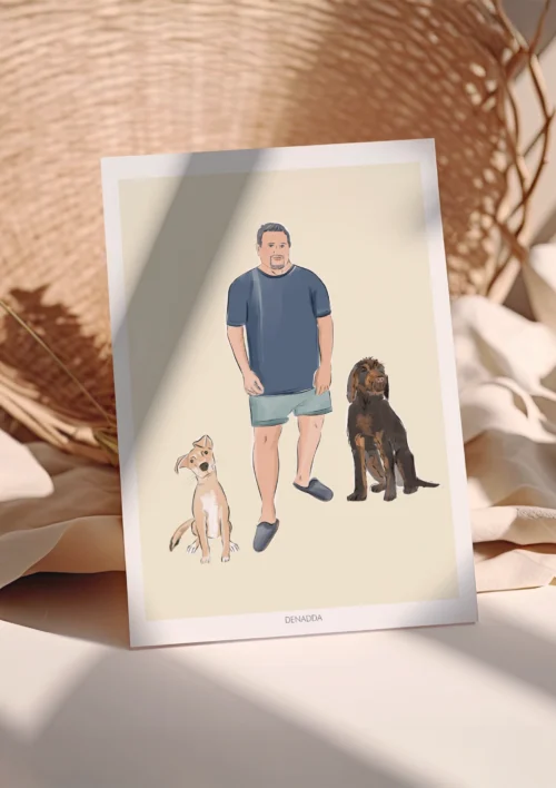 Poster personnalisé famille et animaux - Dessin Poster personnalisé famille et animaux, dessin d'un homme avec ses 2 chiens sur fond uni. Une affiche personnalisée par Denadda à partir d'une photo.