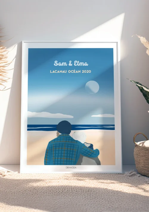 Tableau personnalisé couple de dos - Illustration minimaliste Tableau personnalisé couple de dos 2 personnes assis avec prénoms et date avec la plage de Lacanau Océan en arrière-plan - Portrait de couple de dos personnalisé par Denadda dans le style illustration minimaliste à partir d'une photo.