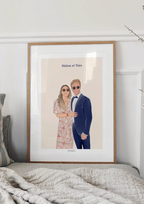 Tableau personnalisé couple - Dessin Tableau personnalisé couple dessin 2 personnes avec prénom sur fond uni. Un portrait de couple personnalisé par Denadda à partir d’une photo.