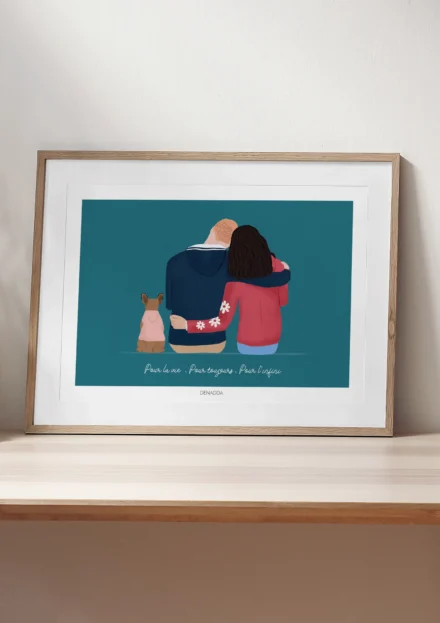 Tableau personnalisé couple et animaux de dos, 2 personnes et 1 chien avec citation sur fond bleu uni. Portrait de couple avec animaux de dos personnalisé par Denadda dans le style illustration minimaliste à partir d'une photo.