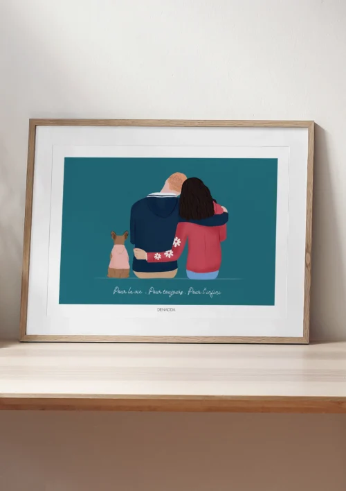 Tableau personnalisé couple et animaux de dos - Illustration minimaliste Tableau personnalisé couple et animaux de dos, 2 personnes et 1 chien avec citation sur fond bleu uni. Portrait de couple avec animaux de dos personnalisé par Denadda dans le style illustration minimaliste à partir d'une photo.