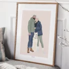 Tableau personnalisé couple et animaux, Illustration d'un homme, une femme et un chien sur fond uni. Un portrait de couple avec animaux personnalisé par Denadda à partir d'une photo.