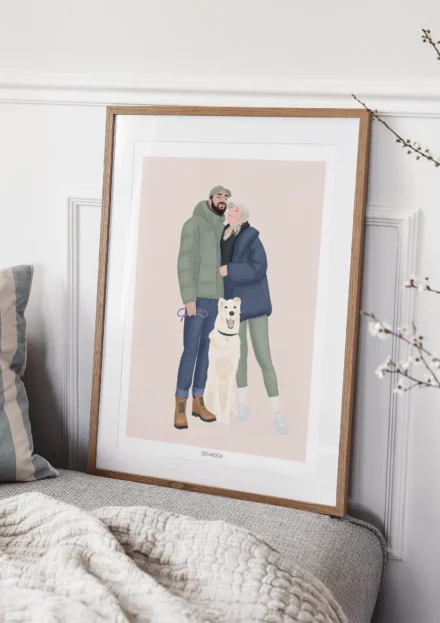 Tableau personnalisé couple et animaux, Illustration d'un homme, une femme et un chien sur fond uni. Un portrait de couple avec animaux personnalisé par Denadda à partir d'une photo.