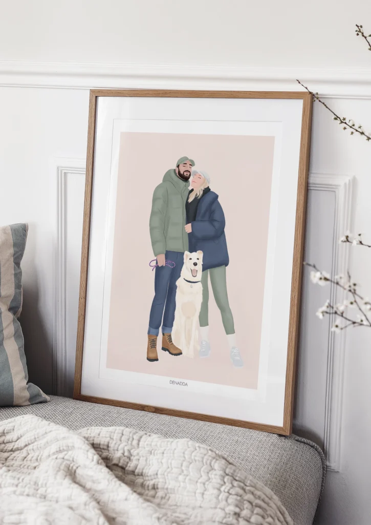 Tableau personnalisé couple et animaux, Illustration d'un homme, une femme et un chien sur fond uni. Un portrait de couple avec animaux personnalisé par Denadda à partir d'une photo.