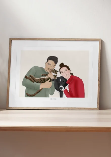 Tableau personnalisé couple et animaux dessin 2 personnes avec 1 chat et 1 chien sur fond uni. Un portrait de couple personnalisé par Denadda à partir d’une photo.
