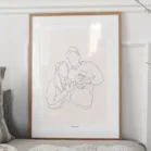 Tableau personnalisé couple et animaux d'un dessin minimaliste de 2 personnes avec 1 chat sur fond uni. Un portrait de couple avec animaux dessiné en un seul trait par Denadda à partir d'une photo dans le style line art.