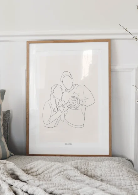 Tableau personnalisé couple et animaux d'un dessin minimaliste de 2 personnes avec 1 chat sur fond uni. Un portrait de couple avec animaux dessiné en un seul trait par Denadda à partir d'une photo dans le style line art.