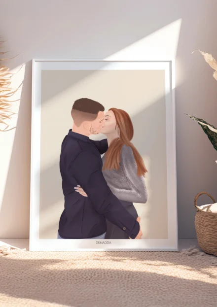 Tableau personnalisé couple illustration de 2 personnes qui s'embrasses sur fond uni. Un portrait de couple personnalisé par Denadda à partir d'une photo.