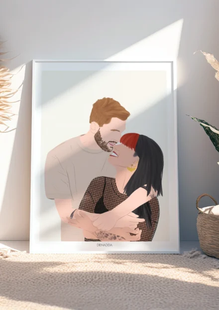 Tableau personnalisé couple sans visage qui s'enlace sur un fond uni. Illustration minimaliste personnalisée par Denadda à partir d'une photo.