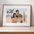 Tableau personnalisé famille animaux, parents, bébé et chat avec plage en arrière-plan. Un portrait de famille personnalisé avec animaux par Denadda à partir d'une photo dans le style Illustration.