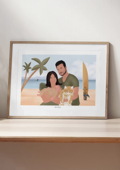 Tableau personnalisé famille avec animaux - Illustration Tableau personnalisé famille animaux, parents, bébé et chat avec plage en arrière-plan. Un portrait de famille personnalisé avec animaux par Denadda à partir d'une photo dans le style Illustration.