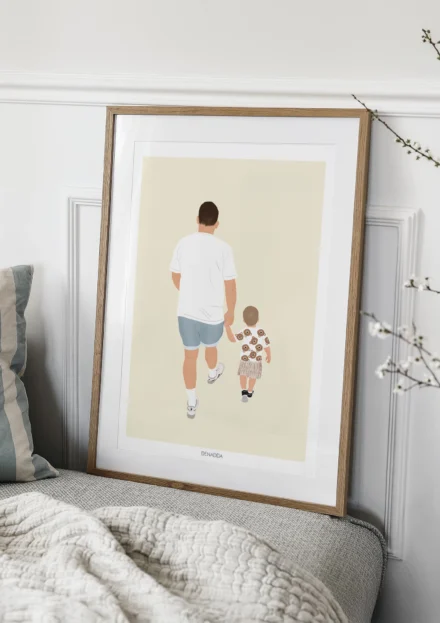 Tableau personnalisé famille de dos, un papa et son enfant qui marchent représenté de dos. Illustration minimaliste personnalisée par Denadda à partir d'une photo pour un cadeau de fête des pères. Idéal pour une décoration maison.