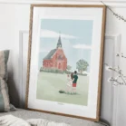 Tableau personnalisé famille de 3 personnes de dos dans une prairie à coté d'une église. Un dessin personnalisé par Denadda à partir de plusieurs photos.