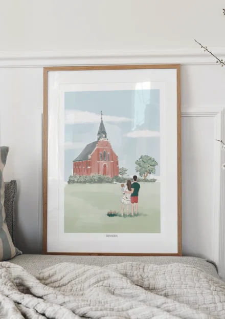 Tableau personnalisé famille de 3 personnes de dos dans une prairie à coté d'une église. Un dessin personnalisé par Denadda à partir de plusieurs photos.