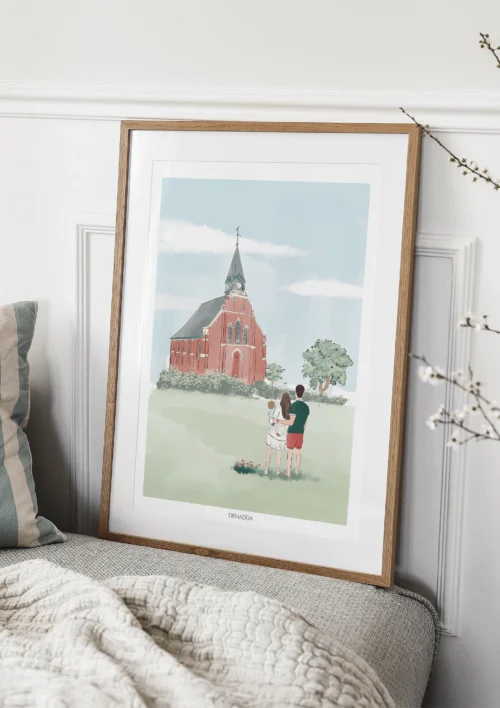 Tableau personnalisé famille de dos - Dessin Tableau personnalisé famille de 3 personnes de dos dans une prairie à coté d'une église. Un dessin personnalisé par Denadda à partir de plusieurs photos.