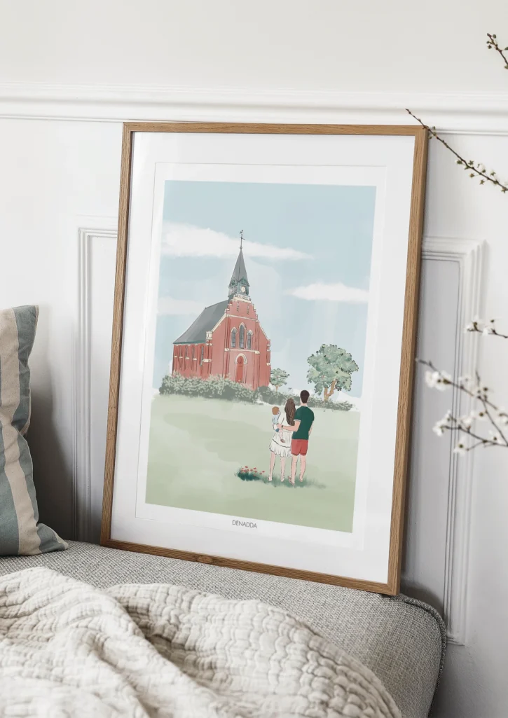Tableau personnalisé famille de 3 personnes de dos dans une prairie à coté d'une église. Un dessin personnalisé par Denadda à partir de plusieurs photos.