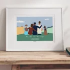 Tableau personnalisé famille et animaux de dos, 4 personnes et 1 chien avec prénoms et nom de famille. Portrait de famille de dos personnalisé par Denadda dans le style illustration minimaliste à partir de plusieurs photos.