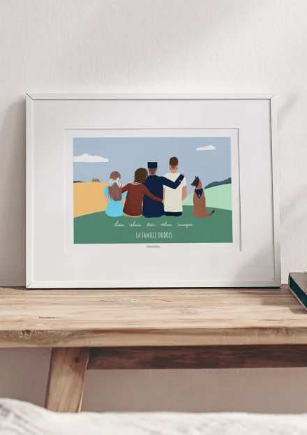 Tableau personnalisé famille et animaux de dos, 4 personnes et 1 chien avec prénoms et nom de famille. Portrait de famille de dos personnalisé par Denadda dans le style illustration minimaliste à partir de plusieurs photos.
