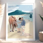 Tableau personnalisé famille et animaux, dessin de 3 personnes avec 1 cheval et 1 chien à la plage. Un portrait de famille personnalisé par Denadda à partir de plusieurs photos.