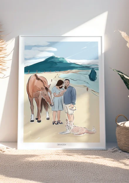 Tableau personnalisé famille et animaux, dessin de 3 personnes avec 1 cheval et 1 chien à la plage. Un portrait de famille personnalisé par Denadda à partir de plusieurs photos.