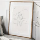 Tableau personnalisé famille et animaux dessin minimaliste d'une femme et un cheval à la montagne dans les Alpes. Un portrait de famille avec animaux dessiné par Denadda à partir d'une photo dans le style line art.