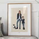 Tableau personnalisé famille et animaux sans visage , une femme, un enfant et un chien sur fond uni. Illustration minimaliste personnalisée par Denadda à partir d'une photo.