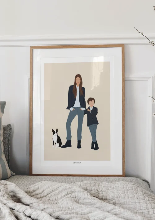 Tableau personnalisé famille et animaux sans visage - Illustration minimaliste Tableau personnalisé famille et animaux sans visage , une femme, un enfant et un chien sur fond uni. Illustration minimaliste personnalisée par Denadda à partir d'une photo.