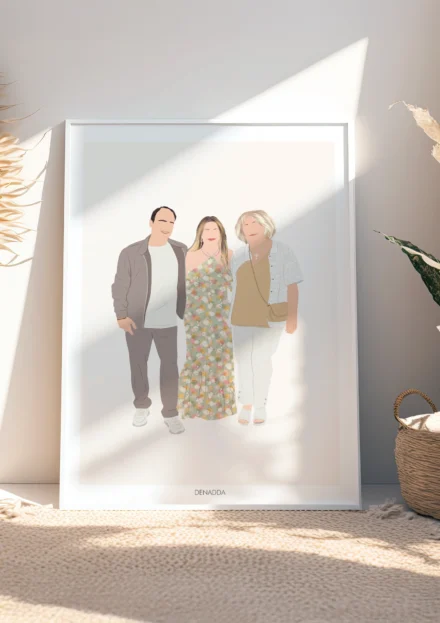 Tableau personnalisé famille sans visage, 3 personnes sur un fond uni. Illustration minimaliste personnalisée par Denadda à partir d'une photo.