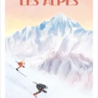 Affiche Alpes illustrant deux skieurs dévalant une pente au coucher du soleil, avec les sommets enneigés en arrière-plan. Illustration moderne signée Denadda.