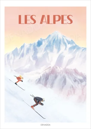 Affiche Alpes illustrant deux skieurs dévalant une pente au coucher du soleil, avec les sommets enneigés en arrière-plan. Illustration moderne signée Denadda.