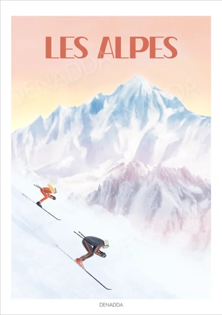 Affiche Alpes illustrant deux skieurs dévalant une pente au coucher du soleil, avec les sommets enneigés en arrière-plan. Illustration moderne signée Denadda.