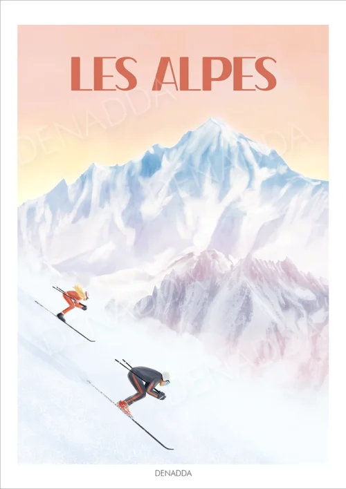 Affiche Alpes "Ski au coucher du soleil" Affiche Alpes illustrant deux skieurs dévalant une pente au coucher du soleil, avec les sommets enneigés en arrière-plan. Illustration moderne signée Denadda.