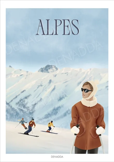 Affiche Alpes ski vintage avec skieurs sur les pentes enneigées des Alpes et personnage en premier plan, illustration artistique Denadda.