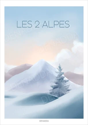 Affiche Les 2 Alpes, paysage enneigé pastel avec sommet alpin et sapin sous la lumière du matin, illustration artistique Denadda.