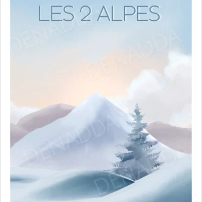 Affiche Les 2 Alpes, paysage enneigé pastel avec sommet alpin et sapin sous la lumière du matin, illustration artistique Denadda.