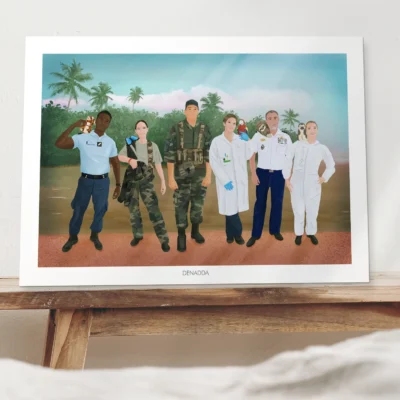 Affiche personnalisée collègues de travail – Illustration Affiche personnalisée collègues de travail, une équipe de 6 scientifiques avec fond illustré tropical en Guyane. Création de Denadda à partir d'une photo comme cadeau de départ d'un collègue.