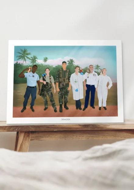 Affiche personnalisée collègues de travail, une équipe de 6 scientifiques avec fond illustré tropical en Guyane. Création de Denadda à partir d'une photo comme cadeau de départ d'un collègue.