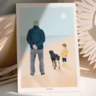 Affiche personnalisée famille et animaux de dos, illustration d'un papa avec son enfant et son chien à la plage devant l'océan. Création de Denadda à partir d'une photo pour un cadeau de fête des pères.