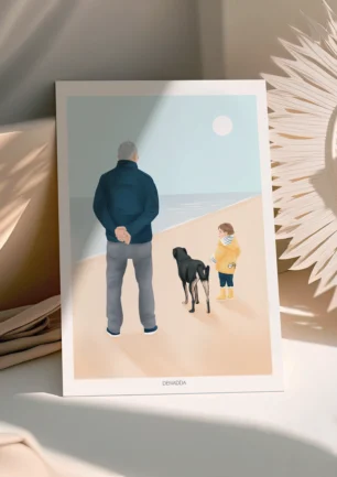 Affiche personnalisée famille et animaux de dos – Illustration Affiche personnalisée famille et animaux de dos, illustration d'un papa avec son enfant et son chien à la plage devant l'océan. Création de Denadda à partir d'une photo pour un cadeau de fête des pères.