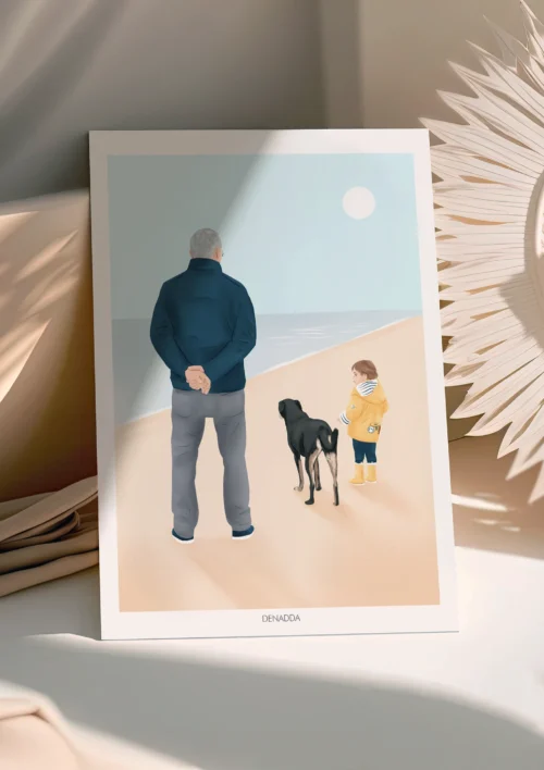 Affiche personnalisée famille et animaux de dos - Illustration Affiche personnalisée famille et animaux de dos, illustration d'un papa avec son enfant et son chien à la plage devant l'océan. Création de Denadda à partir d'une photo pour un cadeau de fête des pères.