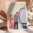 Affiche personnalisée meilleur ami sans visage, 2 amis à coté d'une cabine de ski à Courchevel sur un fond uni. Illustration minimaliste personnalisée par Denadda à partir d'une photo pour un cadeau de noël entre amis.