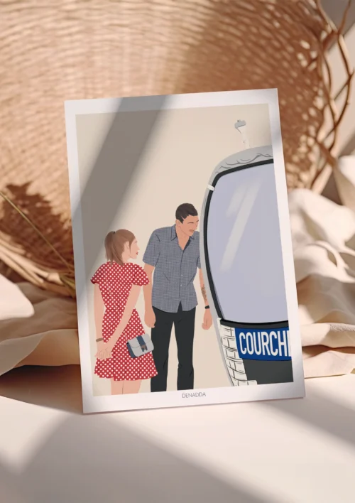 Affiche personnalisée meilleur ami sans visage - Illustration minimaliste Affiche personnalisée meilleur ami sans visage, 2 amis à coté d'une cabine de ski à Courchevel sur un fond uni. Illustration minimaliste personnalisée par Denadda à partir d'une photo pour un cadeau de noël entre amis.